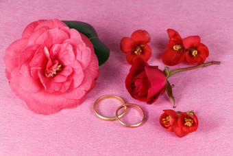 两个婚礼环红色的花和粉红色的山茶花花为情人节rsquo一天
