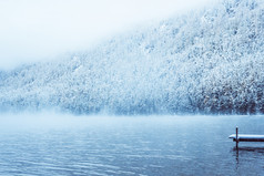 冬天湖与码头为船白雪覆盖的松树的海岸的阿尔泰山雾在的冬天湖