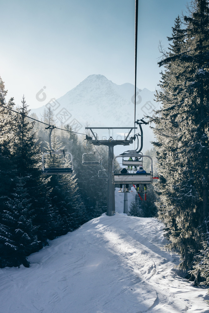 太阳通过松树升降椅提升意大利滑雪区域覆盖雪冬天体育概念太阳通过松树升降椅提升意大利滑雪区域覆盖雪