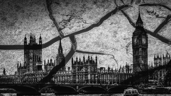房子议会和大我伦敦叠加与裂缝单色英国脱欧主题房子议会和大我伦敦与深裂缝比喻为障碍英国脱欧主题