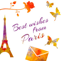 巴黎集水彩对象塔玫瑰信信封等巴黎集水彩对象塔玫瑰信信封最好的祝愿从巴黎为明信片装饰
