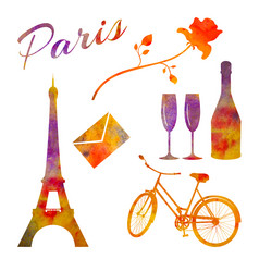 巴黎集水彩对象塔自行车玫瑰瓶等巴黎集水彩对象塔自行车玫瑰瓶等为明信片装饰