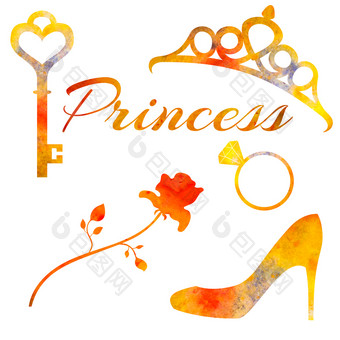 集水彩元素公主玫瑰王冠关键环和鞋为明信片装饰集水彩元素公主玫瑰王冠关键环和鞋