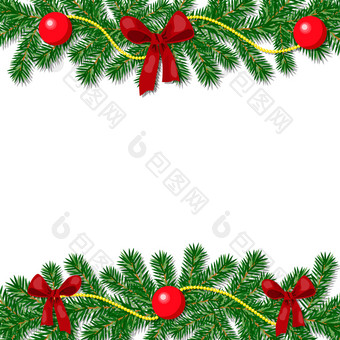 圣诞节明信片传统的花环与红色的丝带点缀球仙女灯弓向量插图圣诞节点缀为明信片问候打印纺织网络背景横幅快乐圣诞节明信片