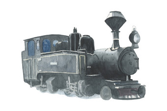 复古的黑色的蒸汽火车水彩插图图标为打印海报标志网络布河豚锅炉古董铁路古董复古的蒸汽黑色的火车水彩插图图标为打印海报标志