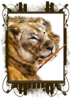 插图艺术家画笔绘画狮子框架帆布