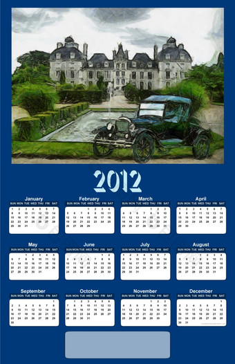 古董车黑暗蓝色的背景日历