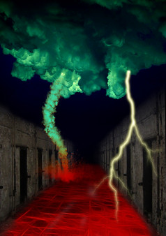 红色的热路束缚与监狱细胞龙卷风而且闪电
