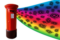 电子邮件红色的帖子盒子与彩虹飞行消息