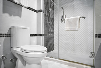 概念现代装饰设计浴室与厕所。。。和淋浴装修与黑色的和白色陶瓷为奢侈品酒店公寓住宅