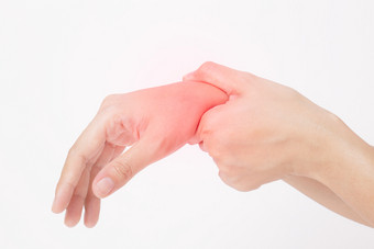 亚洲年轻的女人持有她的手疼痛关节炎概念隔离白色背景