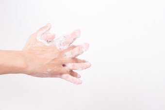 亚洲女人手是洗与肥皂泡沫白色背景健康和生活方式概念全球洗手一天