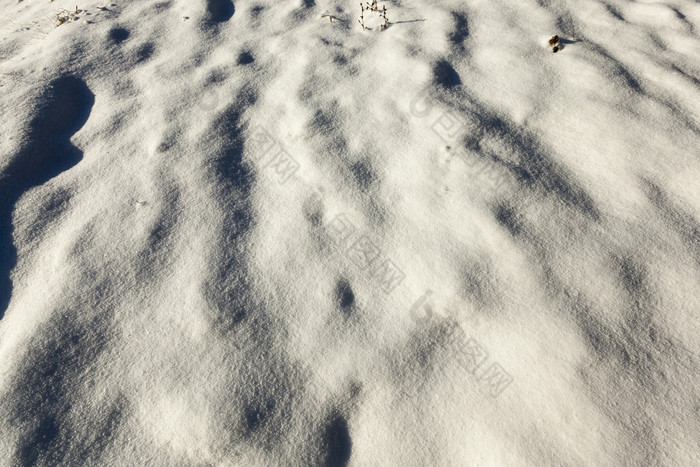 表面的雪的场的照片是采取关闭的冬天季节雪可见疙瘩和孔和植物照片雪特写镜头