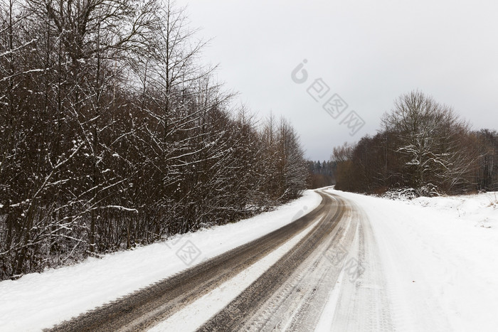 冬天季节小农村路覆盖与雪路沿着哪一个成长森林树的照片是采取关闭的巷道污垢和愿景车带雪路冬天