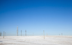 冬天景观的场覆盖与白色雪的场在那里是大数量电波兰人与电线雪阳光明媚的雪电波兰人