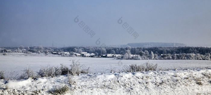 冬天景观与雪覆盖场和混合森林与落叶和松柏科的树后降雪和霜分支机构覆盖与雪和冰冷冷淡的冬天天气冬天景观与雪