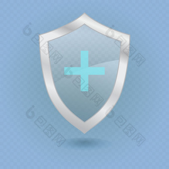 杀毒保护盾与蓝色的交叉医疗玻璃和钢<strong>小圆</strong>盾象征药店保护标志向量插图