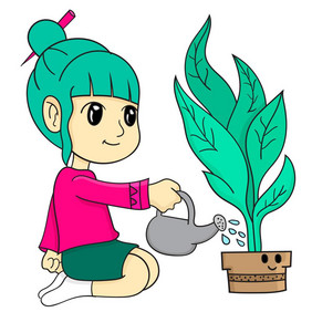 小女孩浇水植物