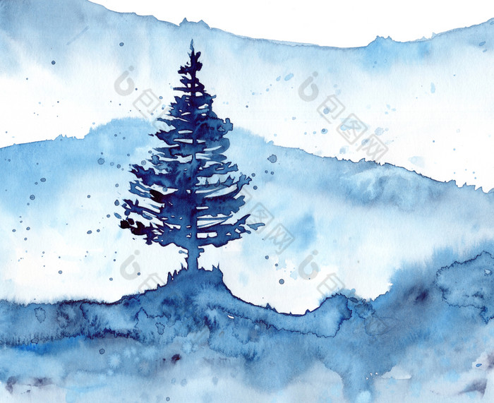 水彩冬天森林和蓝色的背景手绘画插图为打印纹理壁纸元素美丽的水彩画木孤立的白色背景水彩冬天雪森林和蓝色的背景手绘画插图为打印纹理壁纸元素美丽的水彩画木孤立的白色背景