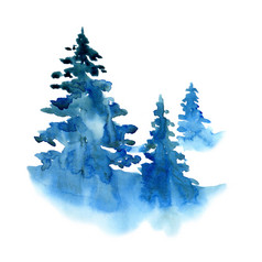 水彩冬天雪森林孤立的白色背景treescape与松和冷杉插图景观为打印纹理壁纸问候卡蓝色的和绿色颜色美丽的水彩画水彩冬天雪森林孤立的白色背景treescape与松和冷杉插图景观为打印纹理壁纸问候卡蓝色