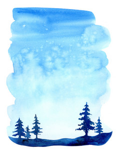 水彩圣诞节冬天景观与雪和树treescape与松和冷杉插图景观为打印纹理壁纸问候卡蓝色的颜色美丽的自然水彩画水彩圣诞节冬天景观与雪和树treescape与松和冷杉插图景观为打印纹理壁纸问候卡蓝色的颜色