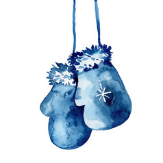 水彩手画手套插图蓝色的颜色羊毛手套为冬天季节新一年庆祝活动对象为打印卡概念圣诞节艺术元素孤立的白色背景水彩手画手套插图蓝色的颜色羊毛手套为冬天季节新一年庆祝活动对象为打印卡概念圣诞节艺术元素孤立的白色