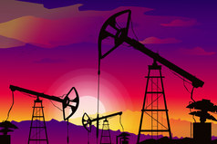 插图石油吊杆钻井平台黑色的轮廓蓝色的梯度月亮晚上背景行业探索和石化石油图片景观插图石油吊杆钻井平台黑色的轮廓紫色的梯度日落背景行业探索和石化石油图片景观