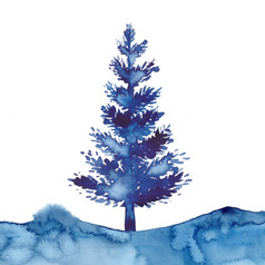 圣诞节水彩画蓝色的树设计背景水彩风格圣诞节松树和雪孤立的插图圣诞节新一年蓝色的颜色刷绘画圣诞节冷杉插图纸