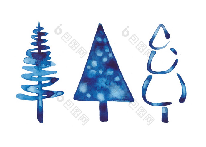 集圣诞节水彩画蓝色的树设计背景三个蓝色的水彩圣诞节松树元素白色背景圣诞节假期装饰冬天云杉集圣诞节水彩画蓝色的树设计背景三个蓝色的水彩圣诞节松树元素白色背景圣诞节假期装饰冬天云杉