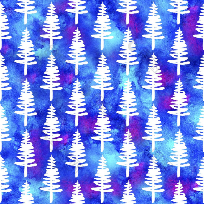 圣诞节水彩画冷杉树无缝的模式白色颜色蓝色的水彩背景手绘云杉松树壁纸为点缀包装圣诞节装饰圣诞节水彩画冷杉树无缝的模式白色颜色蓝色的水彩背景手绘云杉松树壁纸为点缀包装圣诞节装饰
