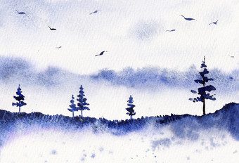 蓝色的森林水彩景观绘画<strong>原始</strong>艺术可以使用为背景打印和壁纸设计自然视图与树和天空鸟蓝色的森林水彩景观绘画<strong>原始</strong>艺术可以使用为背景打印和壁纸设计自然视图与树和天空鸟