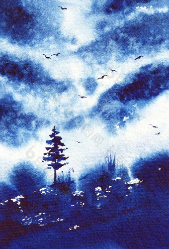 水彩景观绘画天空树原始艺术可以使用为背景打印和壁纸设计自然视图与云和鸟图片蓝色的颜色水彩景观绘画天空树原始艺术可以使用为背景打印和壁纸设计自然视图与云和鸟图片蓝色的颜色