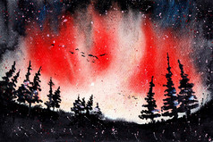 北部灯红色的水彩绘画极光北欧化工原始艺术森林景观和天空可以使用为壁纸和背景打印北部灯红色的水彩绘画极光北欧化工原始艺术森林景观和天空可以使用为壁纸和背景打印