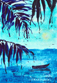 棕榈树水彩插图原始艺术棕榈叶子艺术绘画的纸日出海海洋蓝色的颜色可以使用为壁纸打印和背景棕榈树水彩插图原始艺术棕榈叶子艺术绘画的纸日出海海洋蓝色的颜色可以使用为壁纸打印和背景