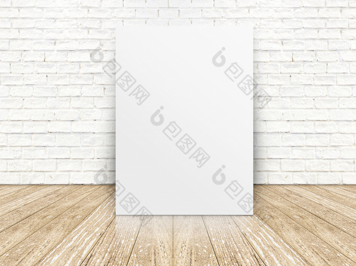 纸海报的白色砖墙和的木地板上模板为你的内容