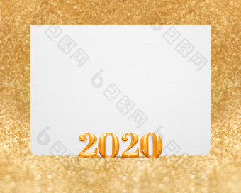 黄金新一年呈现与空白白色问候卡golend闪闪发光的闪闪发光的工作室房间散景模拟模板为显示设计使用invitaion卡