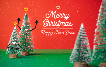 快乐圣诞节和快乐新一年类型与圣诞节树与微笑脸情感涂鸦风格装饰绿色<strong>表格</strong>与生动的红色的和下雪backgroundholiday庆祝<strong>活动</strong>问候卡