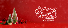 快乐圣诞节和快乐新一年文本与雪下降红色的背景与圣诞节树和松锥冬天假期问候卡