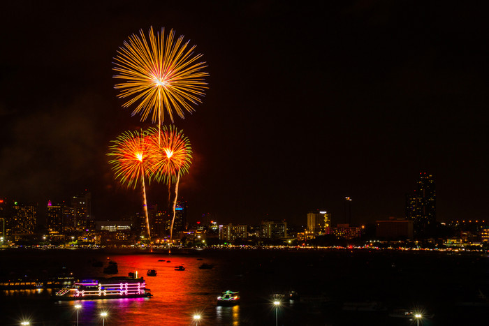 烟花色彩斑斓的晚上城市视图背景为庆祝活动节日