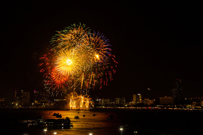 烟花色彩斑斓的晚上城市视图背景为庆祝活动节日