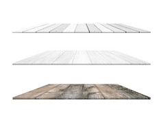 空木架子上白色木工作台面孤立的白色背景为产品显示蒙太奇