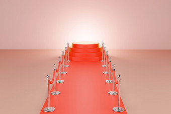 黄金讲台上基座平台与障碍绳子和红色的人行道粉红色的背景渲染