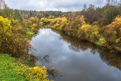 小河的装饰的黄色的秋天树10月一天