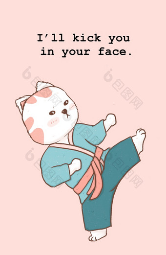 可爱的白色猫踢的空气可爱的蓝色的跆拳道统一的与词rsquo踢你你的脸