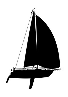 游艇与盘帆黑色的轮廓白色背景一边视图平向量