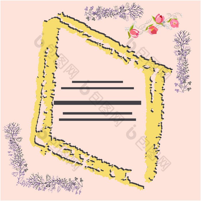 芥末黄色的菱形纹理框架与文本和粉红色的郁金香粉红色的背景首页装饰海报横幅打印纺织设计元素向量插图菱形纹理框架与文本