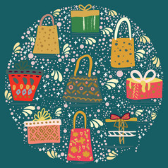轮形状与礼物袋和盒子与丝带蒂尔绿色背景问候卡海报横幅设计元素轮形状与礼物袋和盒子与丝带蒂尔绿色背景
