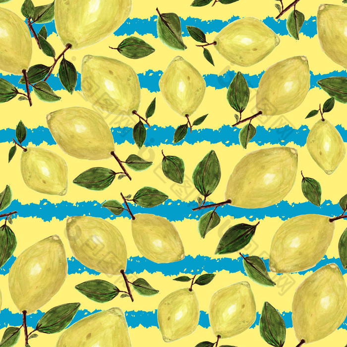 无缝的模式与手画柠檬和叶子蓝色的条纹黄色的背景重复设计为t恤问候卡片包装纸海报织物打印手画柠檬模式蓝色的条纹黄色的背景