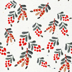 手画日本茵芋美丽的冬天植物与红色的浆果无缝的模式色彩斑斓的有创意的插图为打印自然边境纺织织物封面墙面包装纸手画日本茵芋美丽的冬天植物与红色的浆果无缝的模式