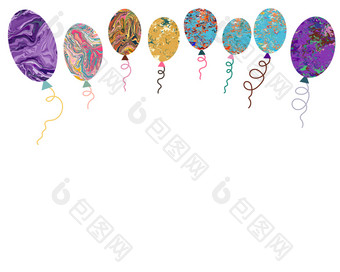 水平横幅与色彩斑斓的大理石纹理气球节日点缀孤立的白色背景向量插图水平横幅与色彩斑斓的大理石纹理气球